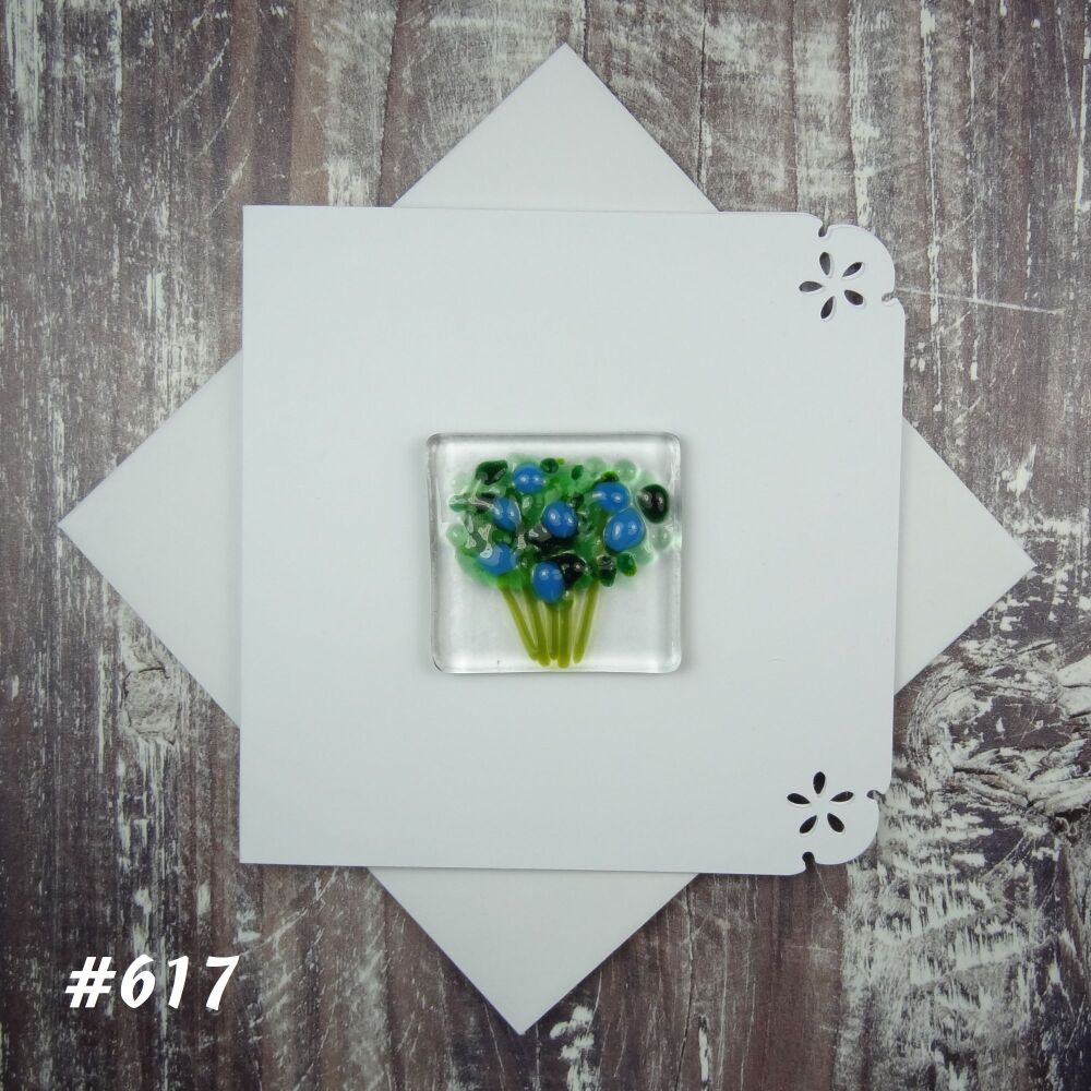 Handmade fused glass art greeting card, any occasion ~ blue flowers, floral, bouquet ~ 4x4 inch card, 1.5 inch (+/-) glass (#617)