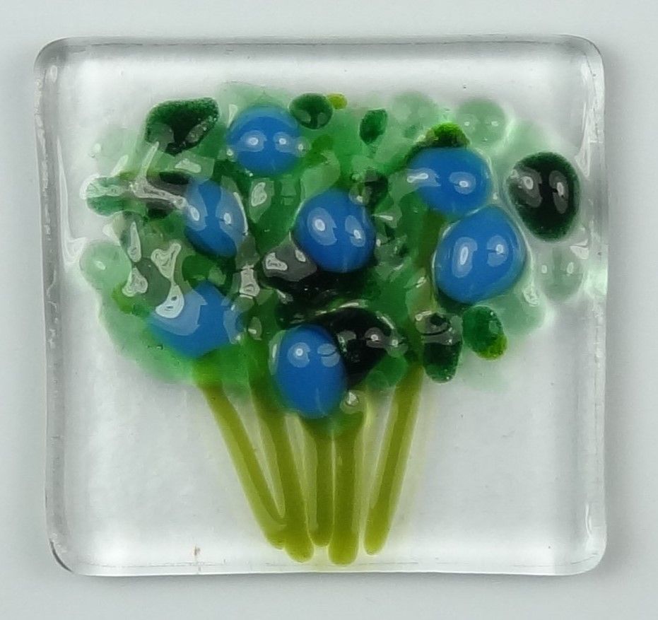 Handmade fused glass art greeting card, any occasion ~ blue flowers, floral, bouquet ~ 4x4 inch card, 1.5 inch (+/-) glass (#617)