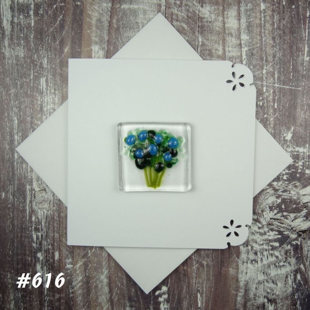 Handmade fused glass art greeting card, any occasion ~ blue flowers, floral, bouquet ~ 4x4 inch card, 1.5 inch (+/-) glass (#616)