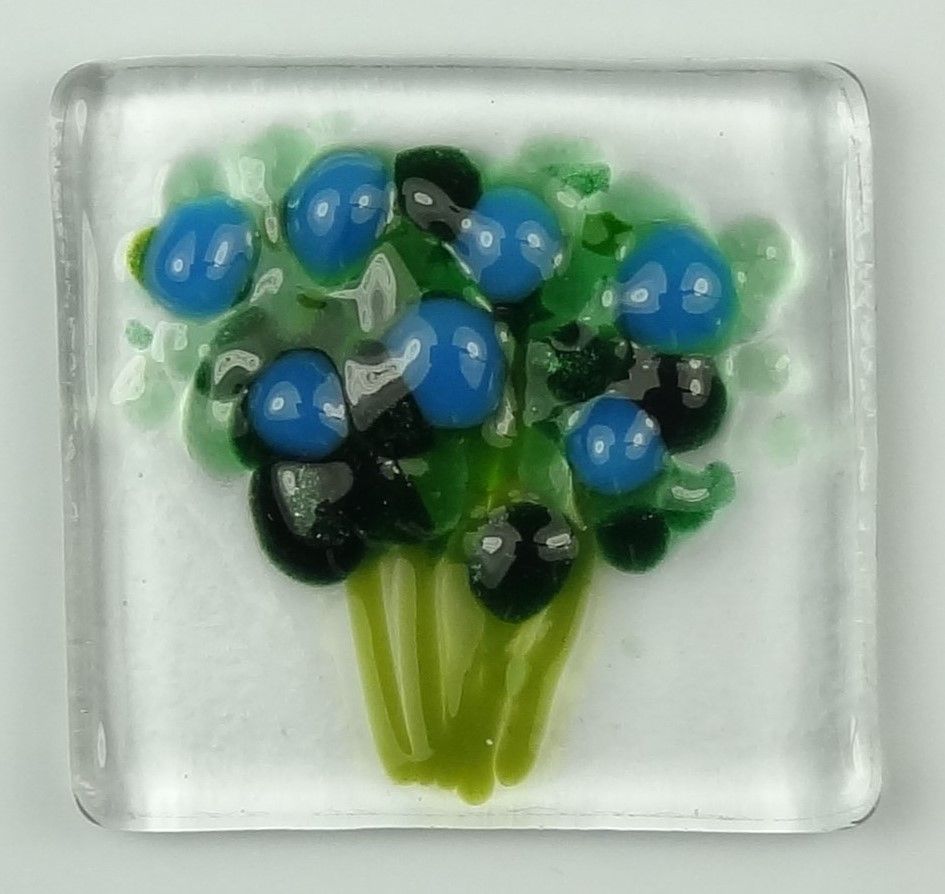 Handmade fused glass art greeting card, any occasion ~ blue flowers, floral, bouquet ~ 4x4 inch card, 1.5 inch (+/-) glass (#616)