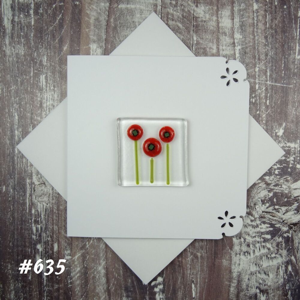 Handmade fused glass art greeting card, any occasion, birthday, red poppy flowers ~ 4x4 inch card, 1.5 inch (+/-) glass (#635)
