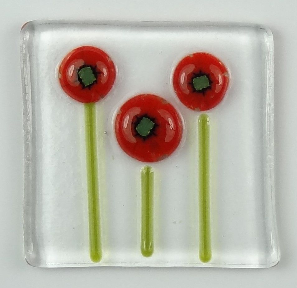 Handmade fused glass art greeting card, any occasion, birthday, red poppy flowers ~ 4x4 inch card, 1.5 inch (+/-) glass (#635)