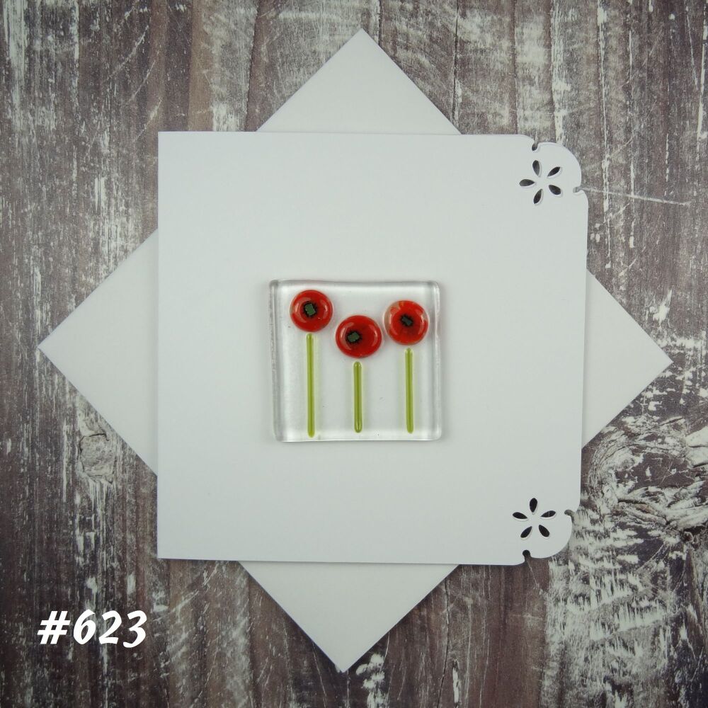 Handmade fused glass art greeting card, any occasion, birthday, red poppy flowers ~ 4x4 inch card, 1.5 inch (+/-) glass (#623)