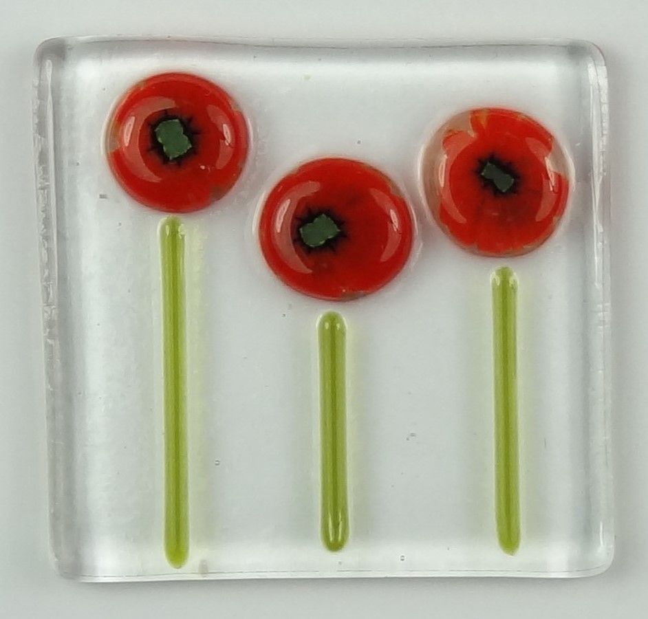 Handmade fused glass art greeting card, any occasion, birthday, red poppy flowers ~ 4x4 inch card, 1.5 inch (+/-) glass (#623)