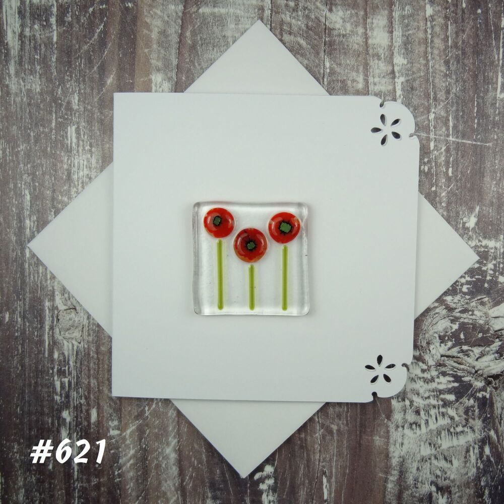 Handmade fused glass art greeting card, any occasion, blank, red poppy flowers ~ 4x4 inch card, 1.5 inch (+/-) glass (#621)