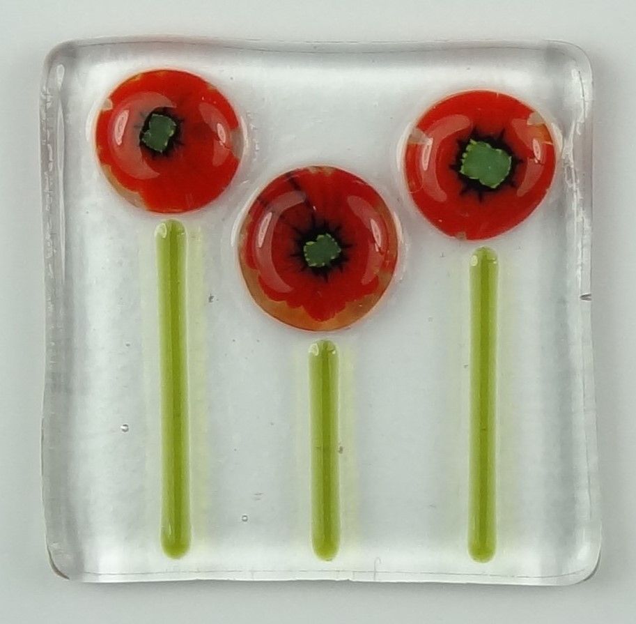 Handmade fused glass art greeting card, any occasion, blank, red poppy flowers ~ 4x4 inch card, 1.5 inch (+/-) glass (#621)