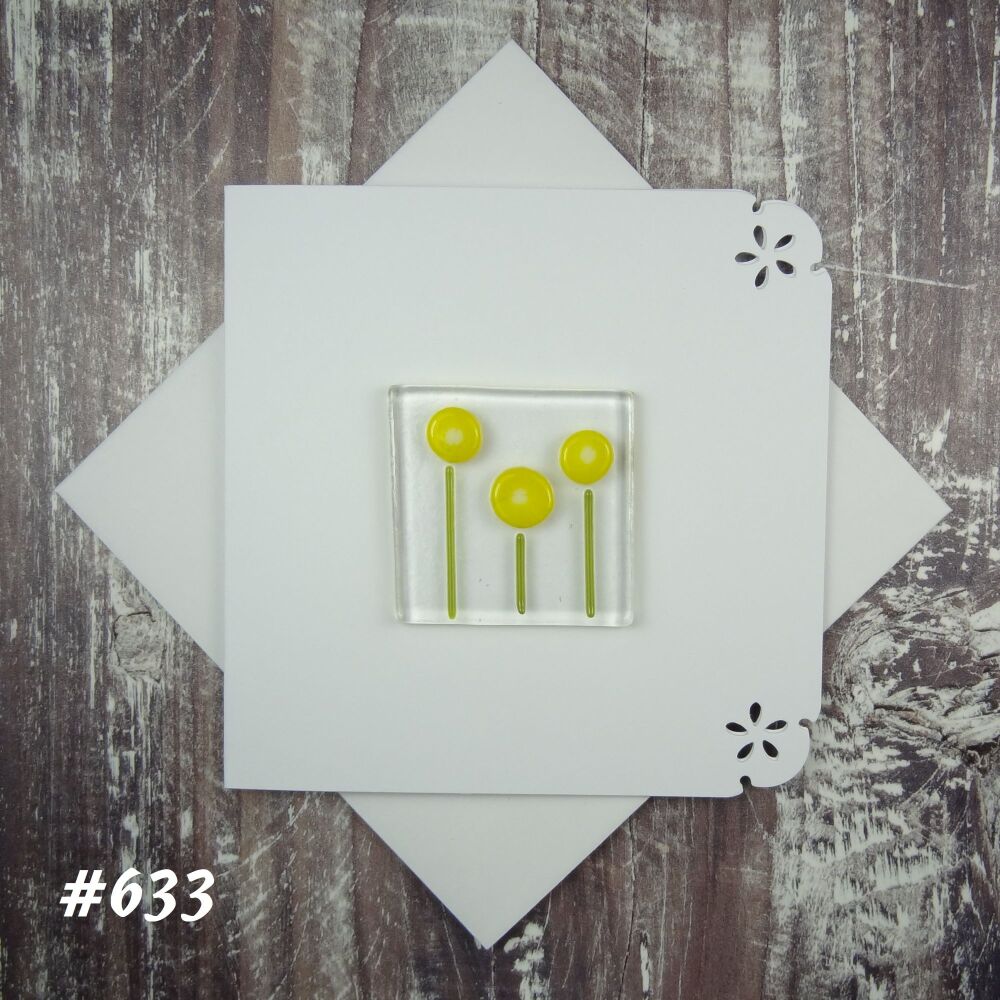 Handmade fused glass art greeting card, any occasion ~ yellow flowers, floral ~ 4x4 inch card, 1.5 inch (+/-) glass (#633)