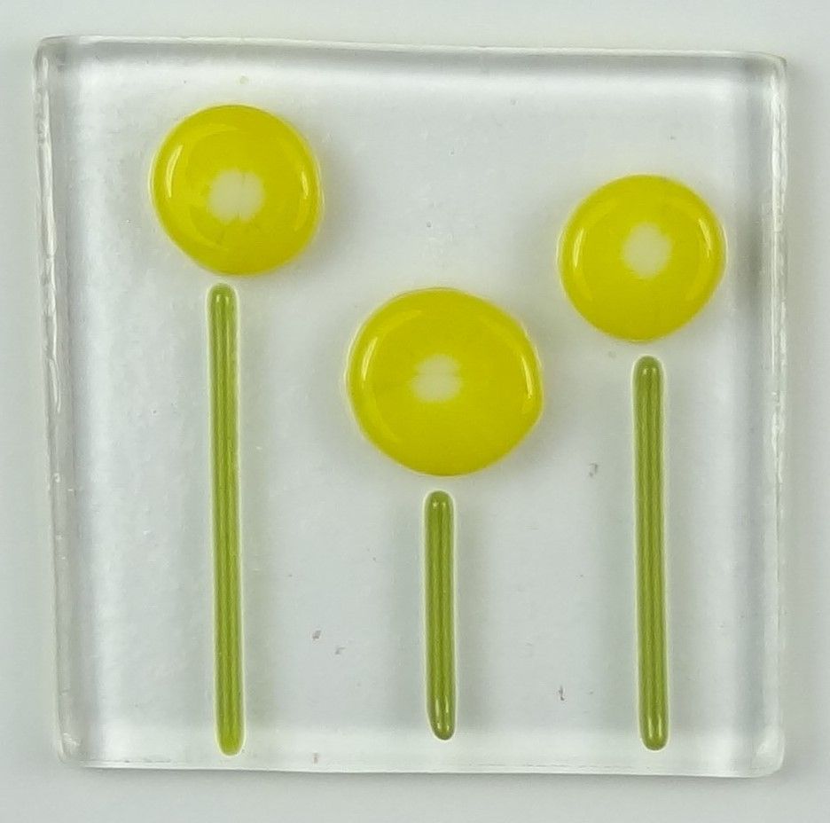 Handmade fused glass art greeting card, any occasion ~ yellow flowers, floral ~ 4x4 inch card, 1.5 inch (+/-) glass (#633)