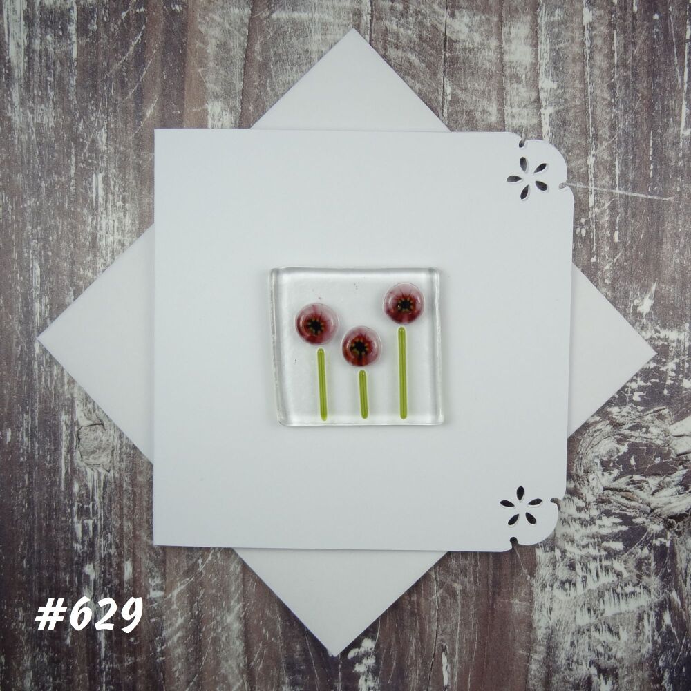 Handmade fused glass art greeting card, any occasion ~ pink murrini flowers, floral ~ 4x4 inch card, 1.5 inch (+/-) glass (#629)