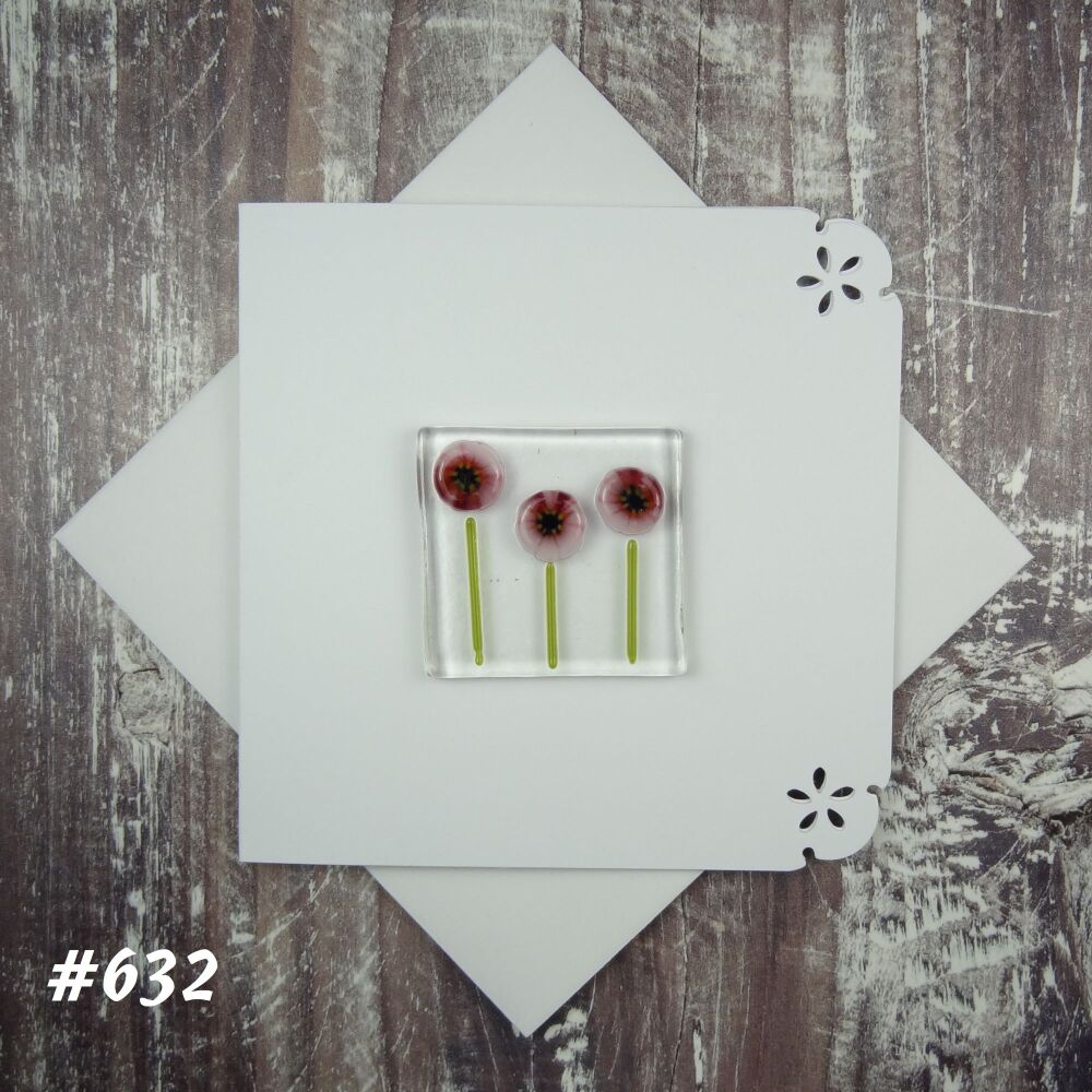 Handmade fused glass art greeting card, any occasion ~ pink murrini flowers, floral ~ 4x4 inch card, 1.5 inch (+/-) glass (#632)