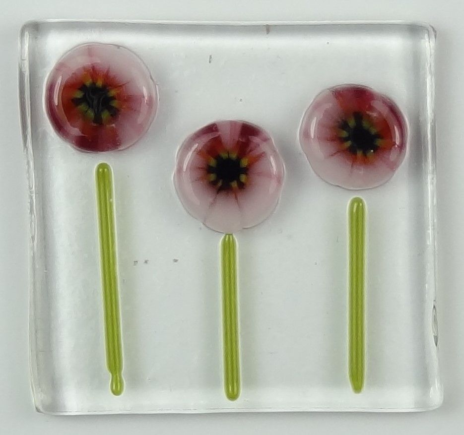 Handmade fused glass art greeting card, any occasion ~ pink murrini flowers, floral ~ 4x4 inch card, 1.5 inch (+/-) glass (#632)