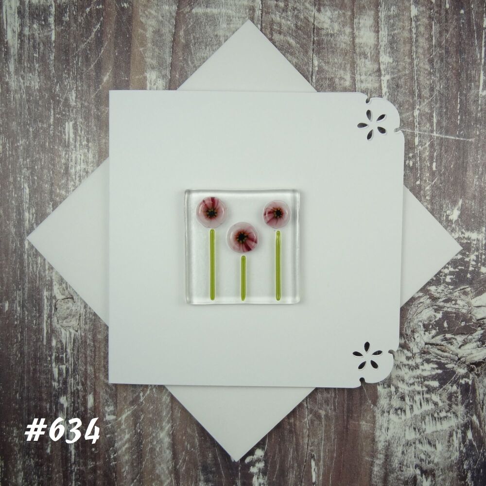 Handmade fused glass art greeting card, any occasion ~ pink murrini flowers, floral ~ 4x4 inch card, 1.5 inch (+/-) glass (#634)