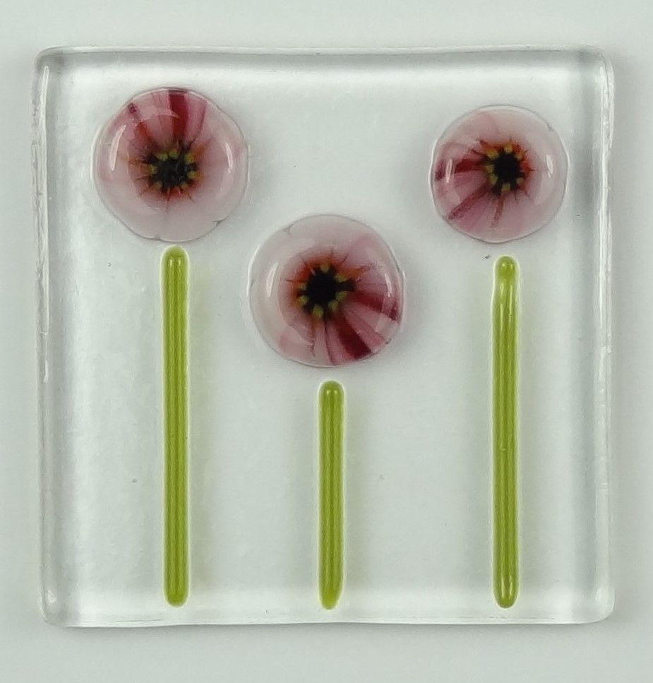 Handmade fused glass art greeting card, any occasion ~ pink murrini flowers, floral ~ 4x4 inch card, 1.5 inch (+/-) glass (#634)