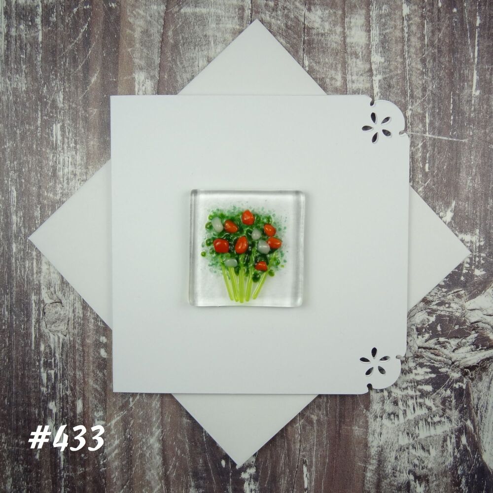 Handmade fused glass art greeting card, any occasion ~ orange & white flowers, floral, bouquet ~ 4x4 inch card, 1.5 inch (+/-) glass (#433)
