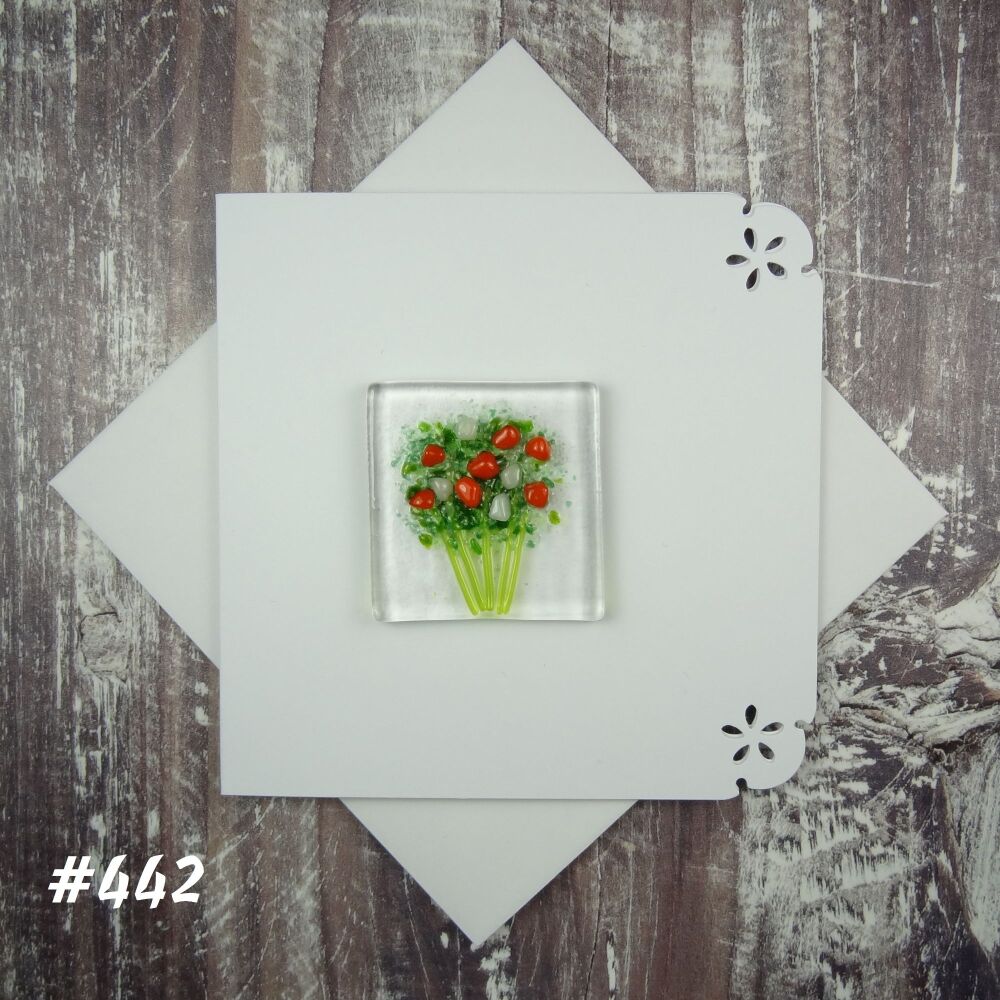 Handmade fused glass art greeting card, any occasion ~ orange & white flowers, floral, bouquet ~ 4x4 inch card, 1.5 inch (+/-) glass (#442)