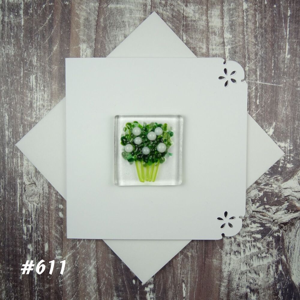 Handmade fused glass art greeting card, any occasion ~ white flowers, floral, bouquet ~ 4x4 inch card, 1.5 inch (+/-) glass (#611)