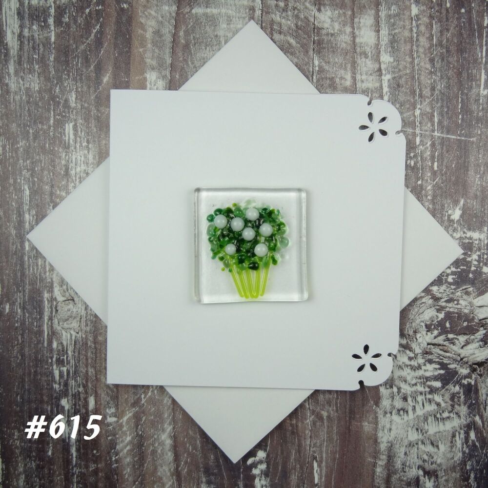 Handmade fused glass art greeting card, any occasion ~ white flowers, floral, bouquet ~ 4x4 inch card, 1.5 inch (+/-) glass (#615)