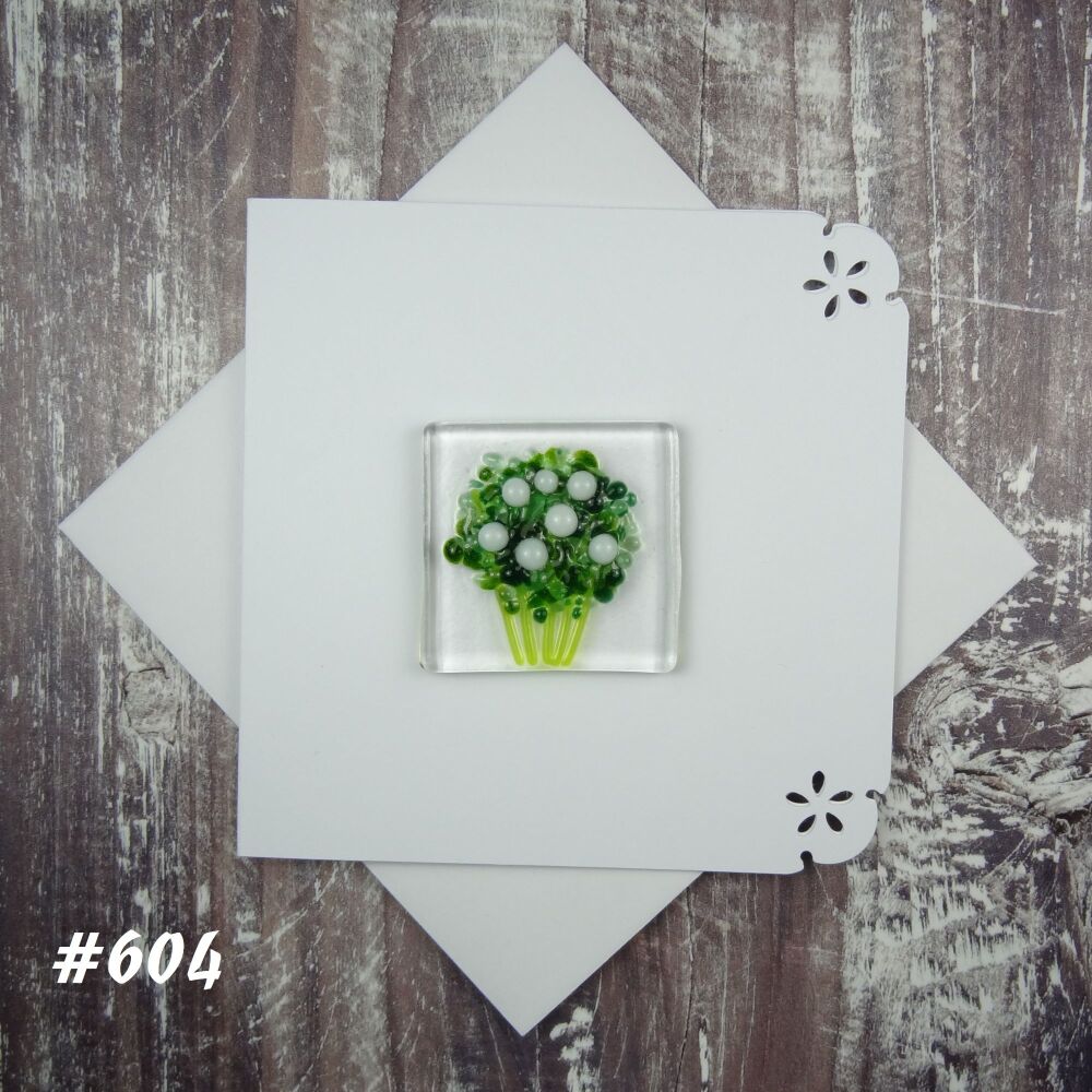 Handmade fused glass art greeting card, any occasion ~ white flowers, floral, bouquet ~ 4x4 inch card, 1.5 inch (+/-) glass (#604)