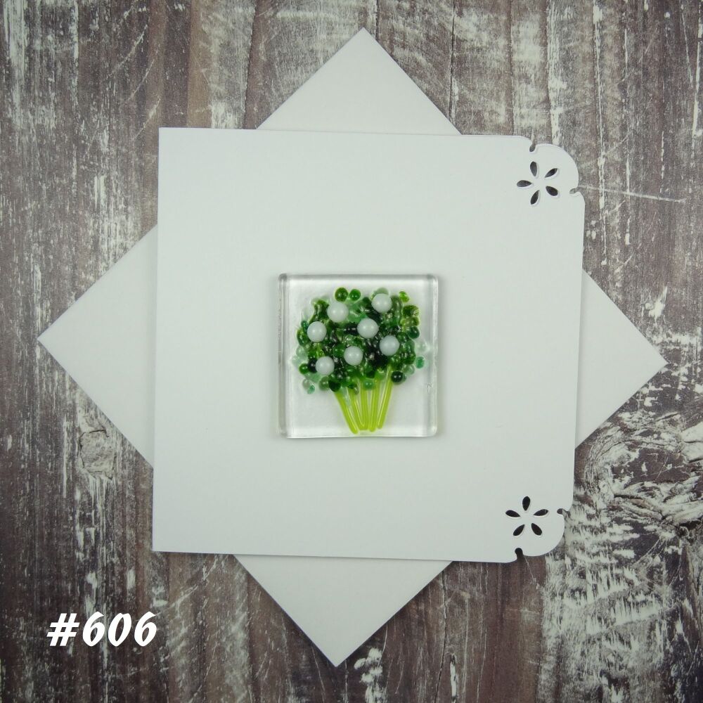 Handmade fused glass art greeting card, any occasion ~ white flowers, floral, bouquet ~ 4x4 inch card, 1.5 inch (+/-) glass (#606)