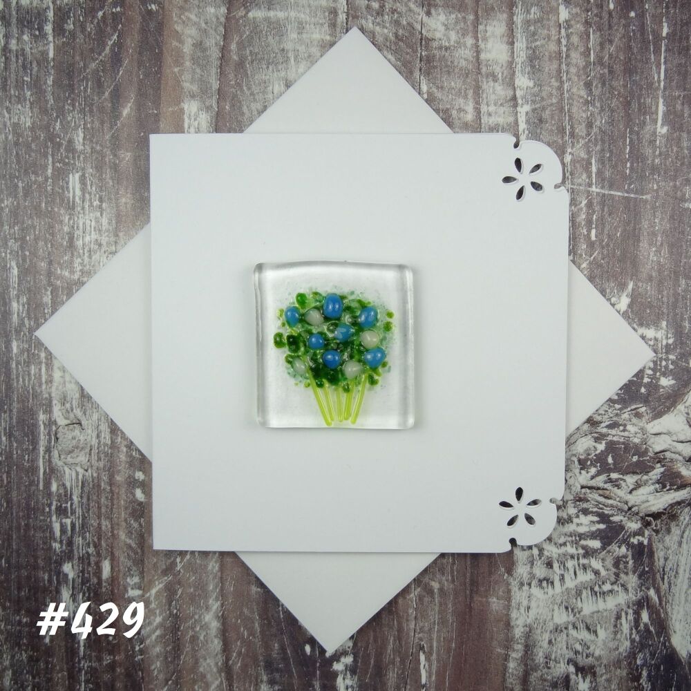 Handmade fused glass art greeting card, any occasion ~ blue & white flowers, floral, bouquet ~ 4x4 inch card, 1.5 inch (+/-) glass (#429)