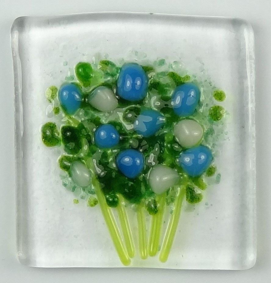 Handmade fused glass art greeting card, any occasion ~ blue & white flowers, floral, bouquet ~ 4x4 inch card, 1.5 inch (+/-) glass (#429)