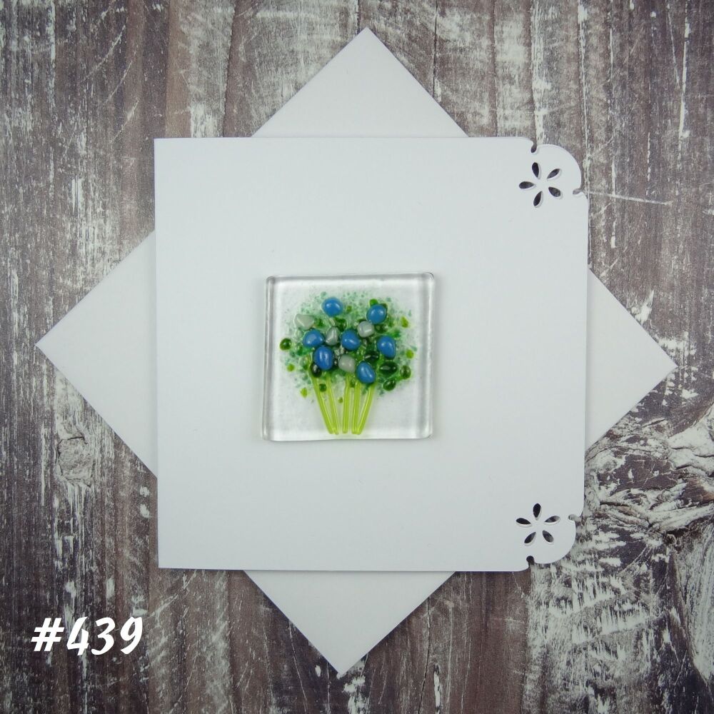 Handmade fused glass art greeting card, any occasion ~ blue & white flowers, floral, bouquet ~ 4x4 inch card, 1.5 inch (+/-) glass (#439)