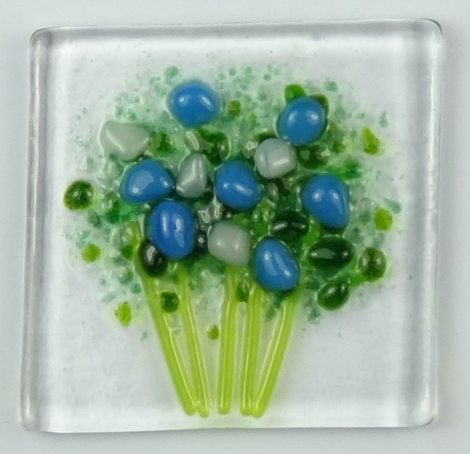 Handmade fused glass art greeting card, any occasion ~ blue & white flowers, floral, bouquet ~ 4x4 inch card, 1.5 inch (+/-) glass (#439)