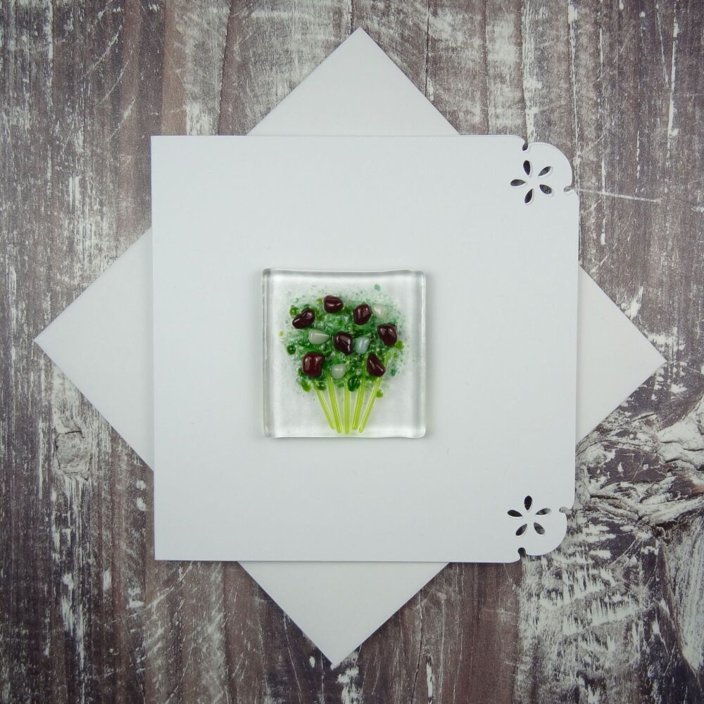 Handmade fused glass art greeting card, any occasion ~ dark red & white flowers, floral, bouquet ~ 4x4 inch card, 1.5 inch (+/-) glass (#434)