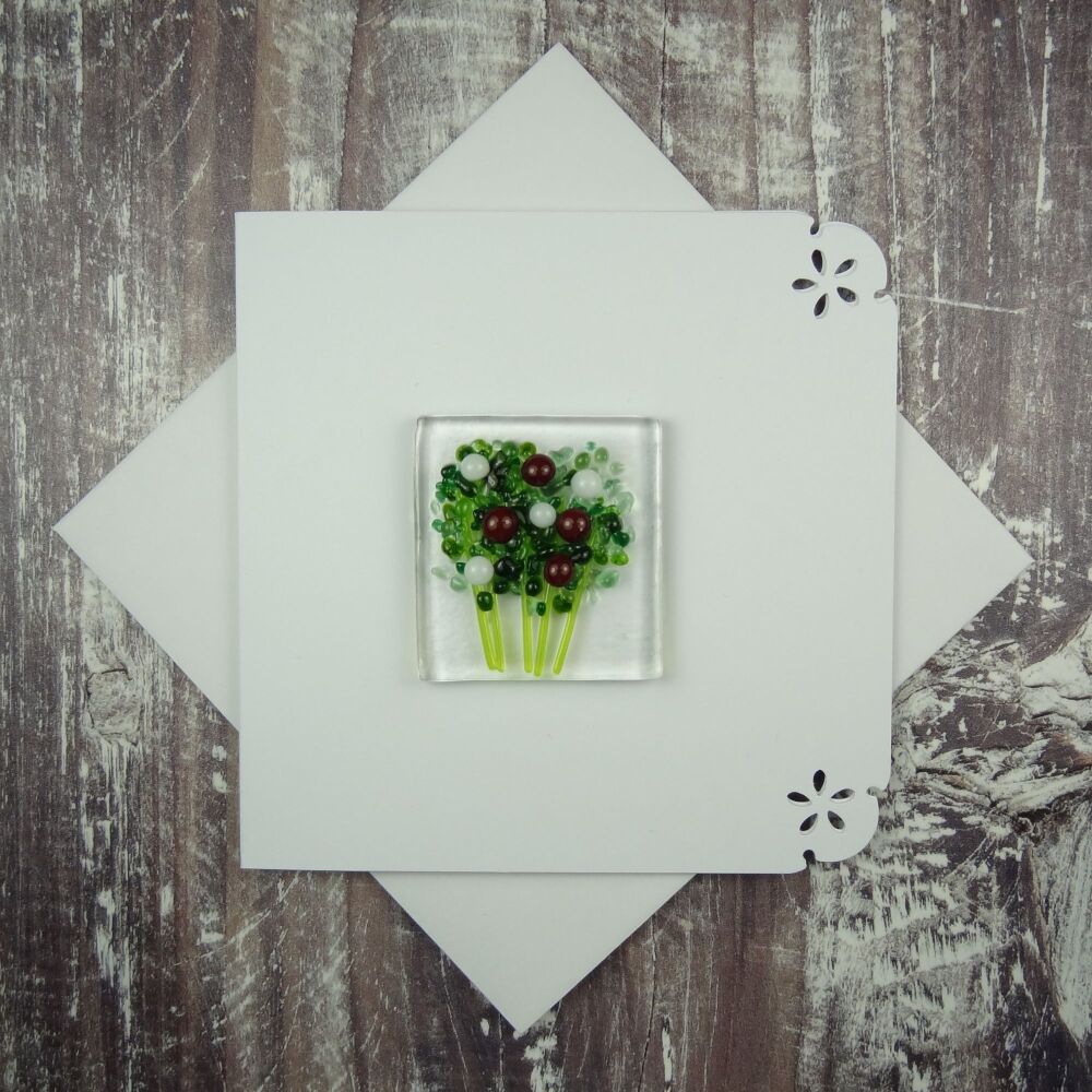 Handmade fused glass art greeting card, any occasion ~ dark red & white flowers, floral, bouquet ~ 4x4 inch card, 1.5 inch (+/-) glass (#614)