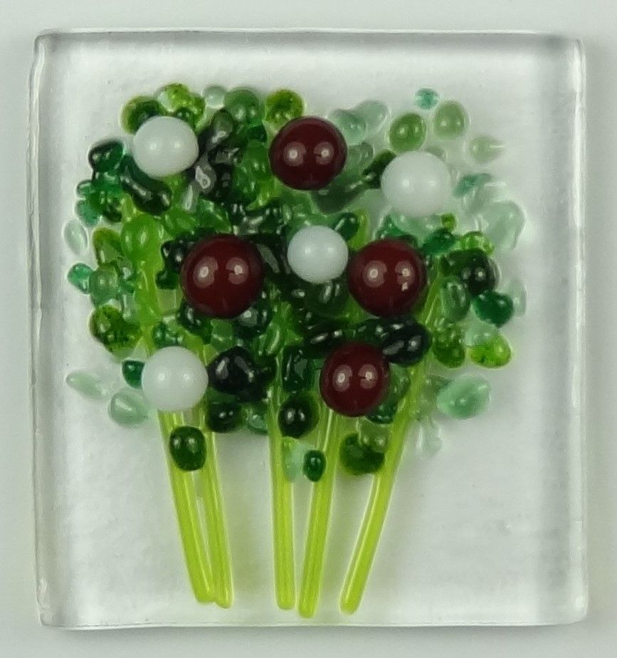 Handmade fused glass art greeting card, any occasion ~ dark red & white flowers, floral, bouquet ~ 4x4 inch card, 1.5 inch (+/-) glass (#614)