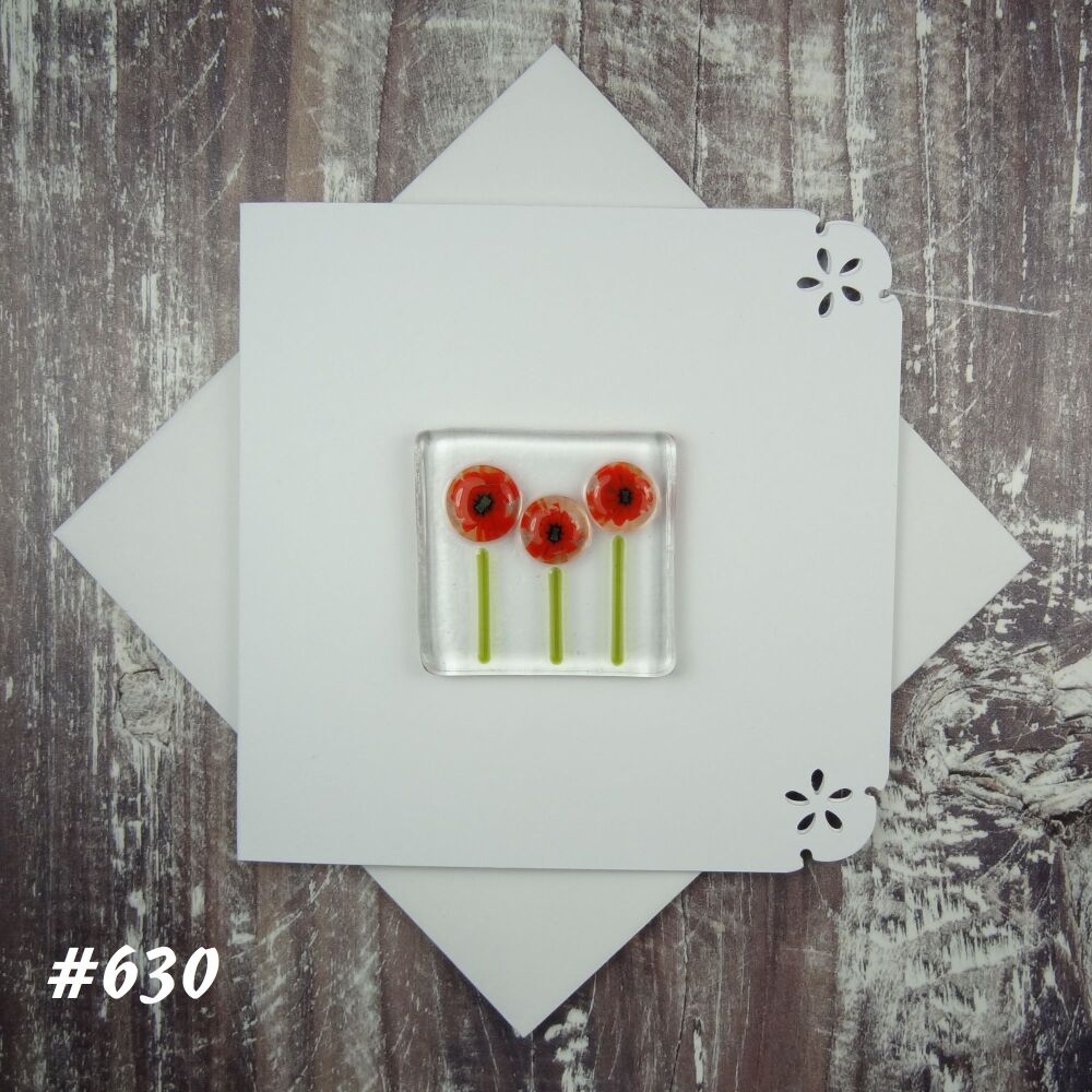 Handmade fused glass art greeting card, any occasion, birthday, red poppy flowers ~ 4x4 inch card, 1.5 inch (+/-) glass (#630)