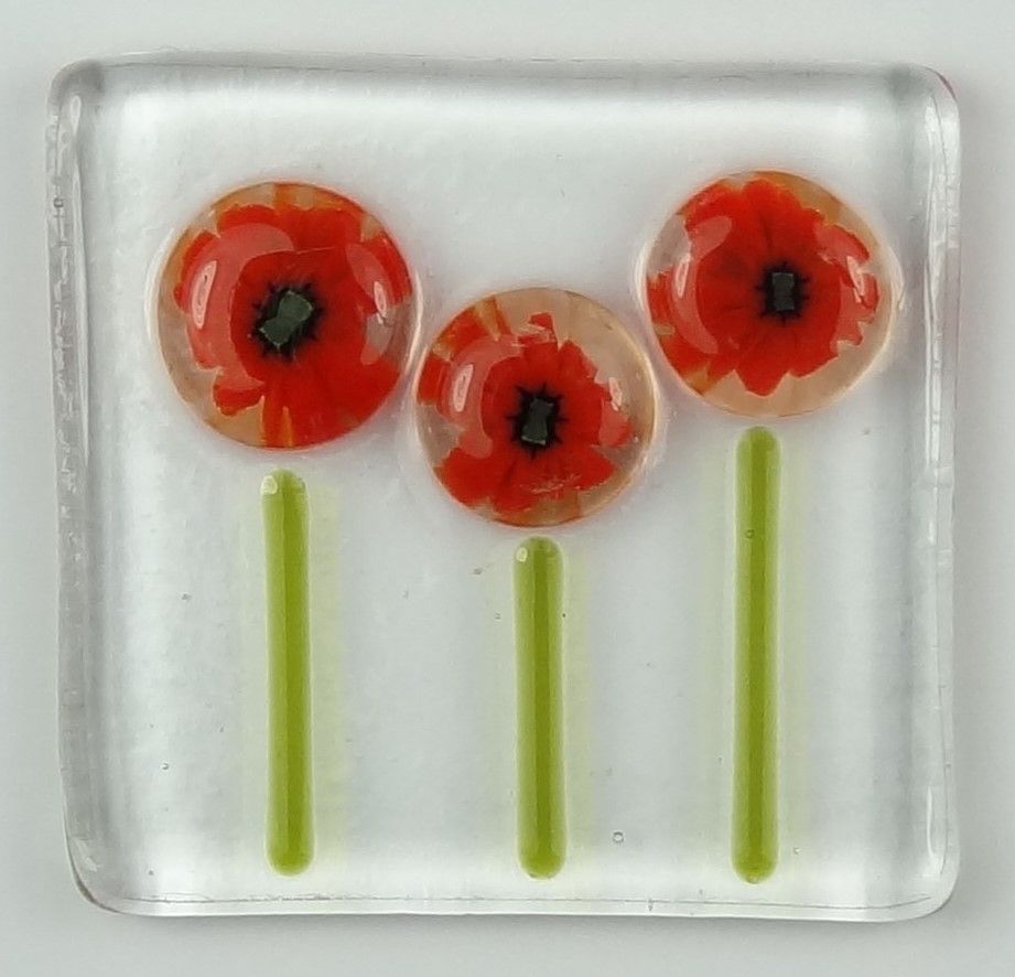 Handmade fused glass art greeting card, any occasion, birthday, red poppy flowers ~ 4x4 inch card, 1.5 inch (+/-) glass (#630)