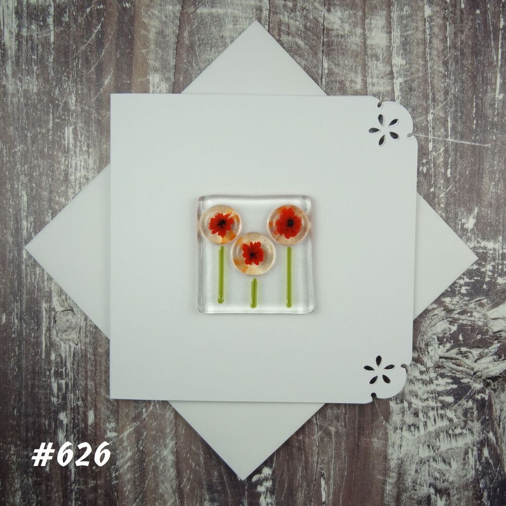 Handmade fused glass art greeting card, any occasion, birthday, red poppy flowers ~ 4x4 inch card, 1.5 inch (+/-) glass (#626)