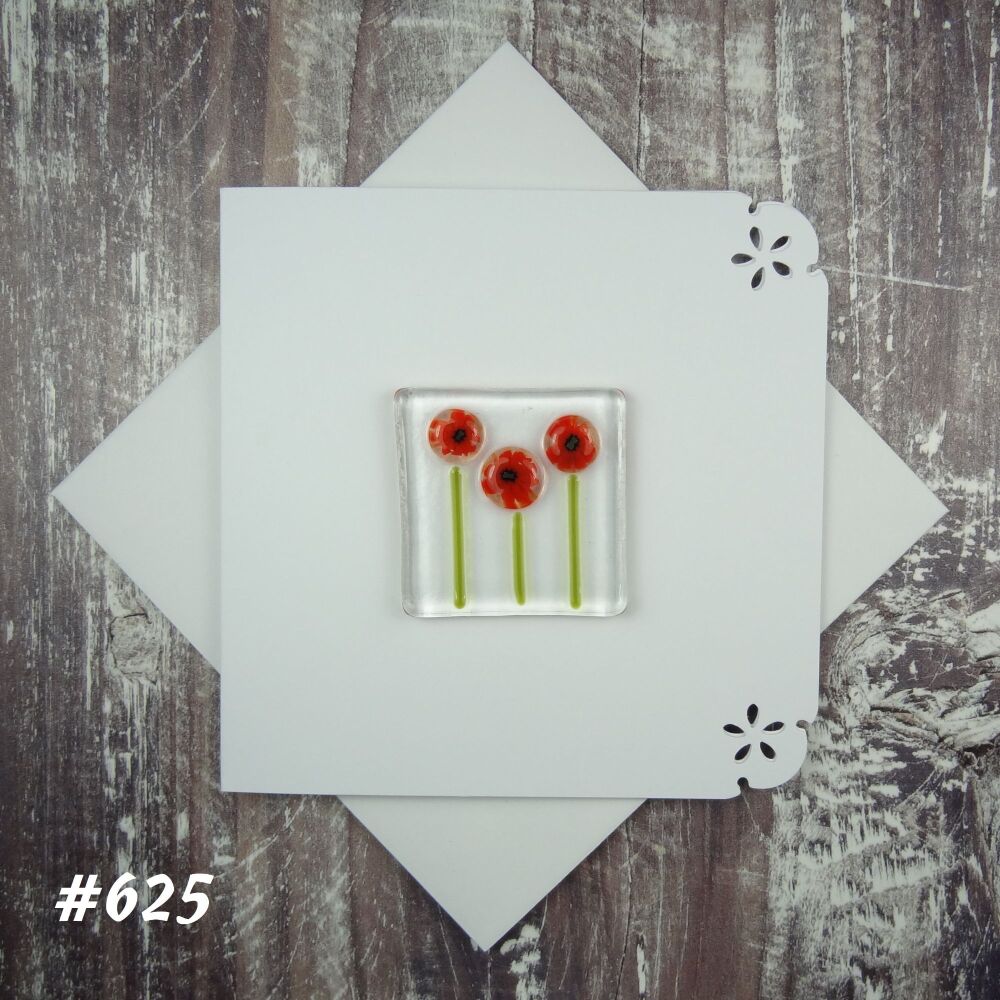 Handmade fused glass art greeting card blank red poppies