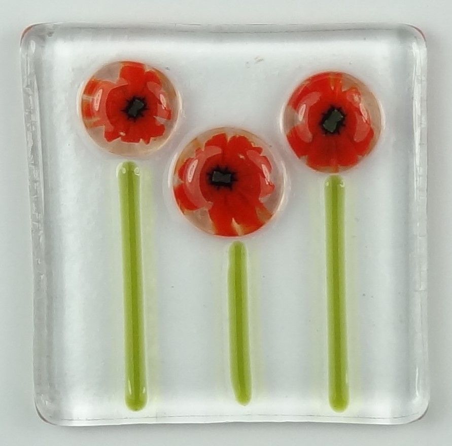 Handmade fused glass art greeting card, any occasion, birthday, red poppy flowers ~ 4x4 inch card, 1.5 inch (+/-) glass (#625)