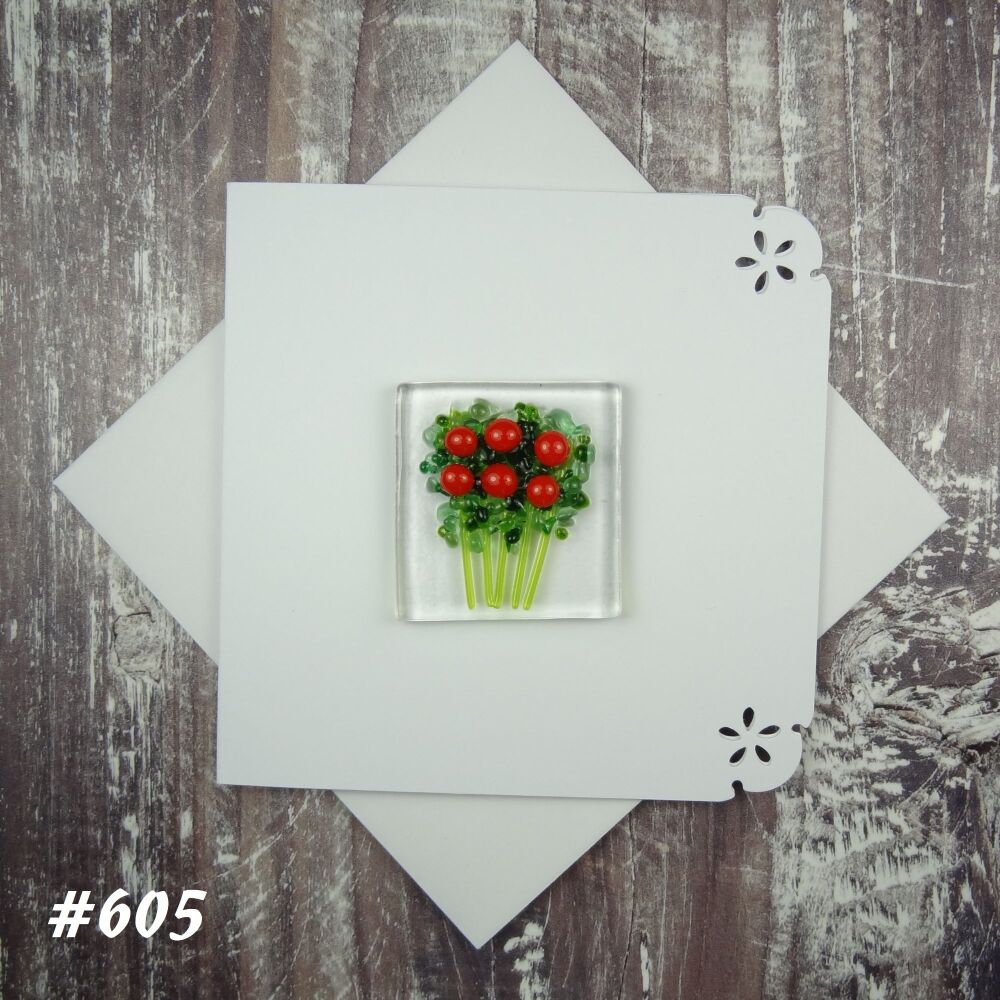Handmade fused glass art greeting card, any occasion ~ red flowers, floral, bouquet ~ 4x4 inch card, 1.5 inch (+/-) glass (#605)