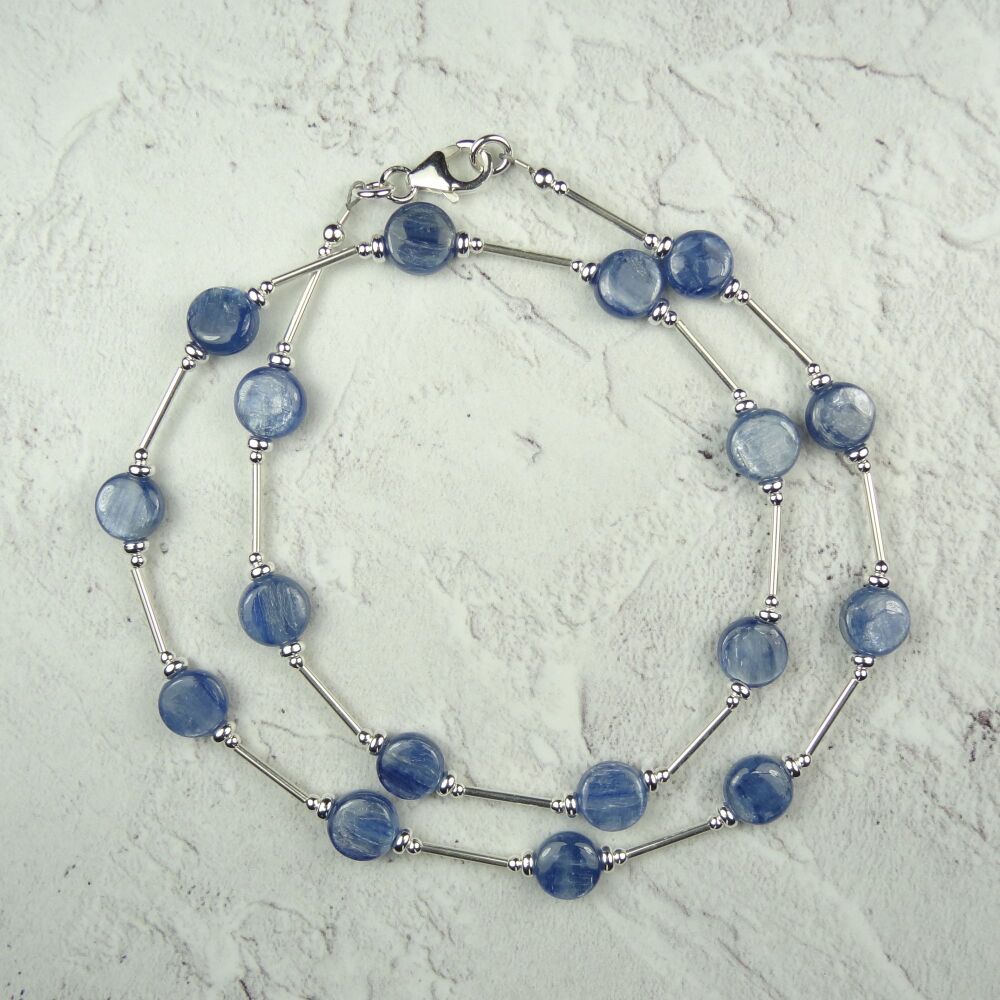 Sterling silver & blue Kyanite semi-precious stone 8mm (+/-) coin beaded necklace 18 inches/46cm long