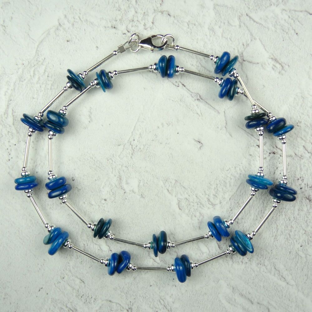 Sterling silver coloured shell beaded necklace 18 inches 46cm long blue yellow red or green
