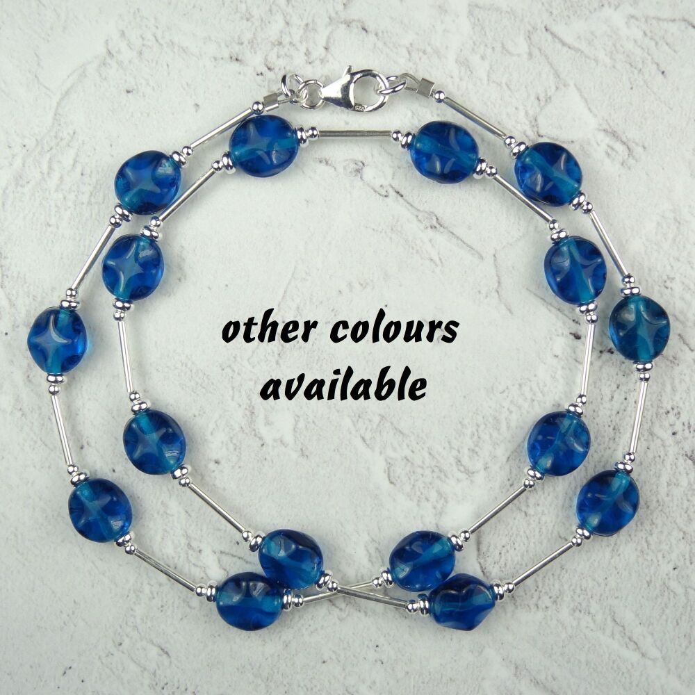 Sterling silver & 9x8mm (+/-) flat oval glass beaded necklace 18 inches/46cm long - dark blue purple green dark yellow ochre