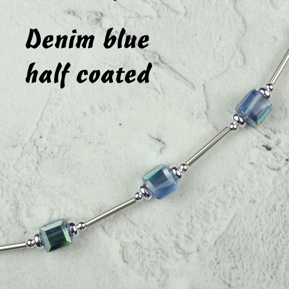 Sterling silver & 6mm (+/-) glass cube beaded necklace 18 inches/46cm long blue purple pink green silver golden