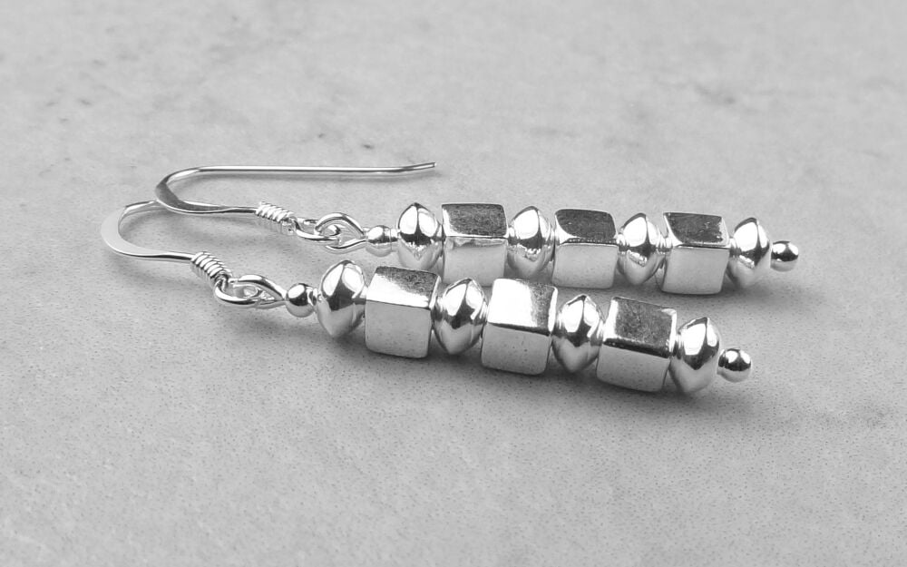 Sterling silver beaded drop earrings on fish wires in a gift box - rondelles & cubes, Town Talk Silver Polishing Cloth (#30584)