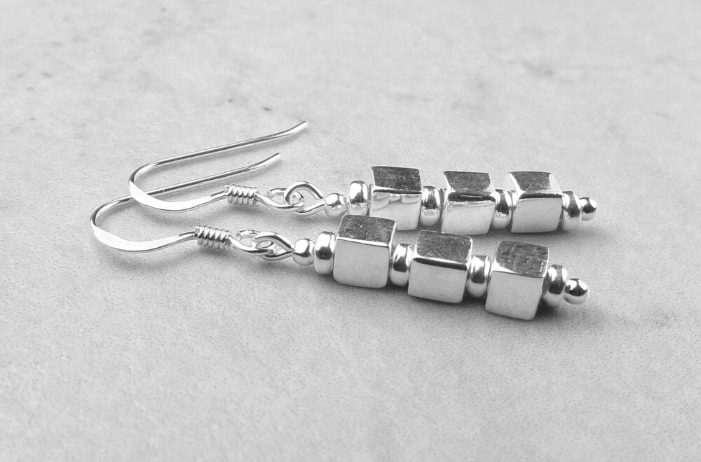 Sterling silver beaded earrings on fish wires in a gift box, Town Talk Silver Polishing Cloth - flat tyres and cubes (#30586)