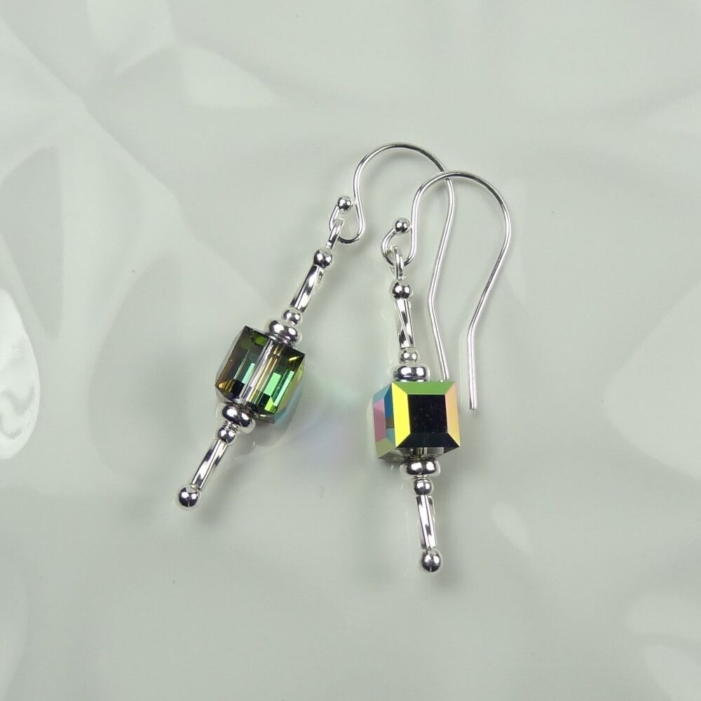 Sterling silver earrings made using 6mm vitrail Swarovski Elements faceted cube beads, on french wires, in a gift box (#264)