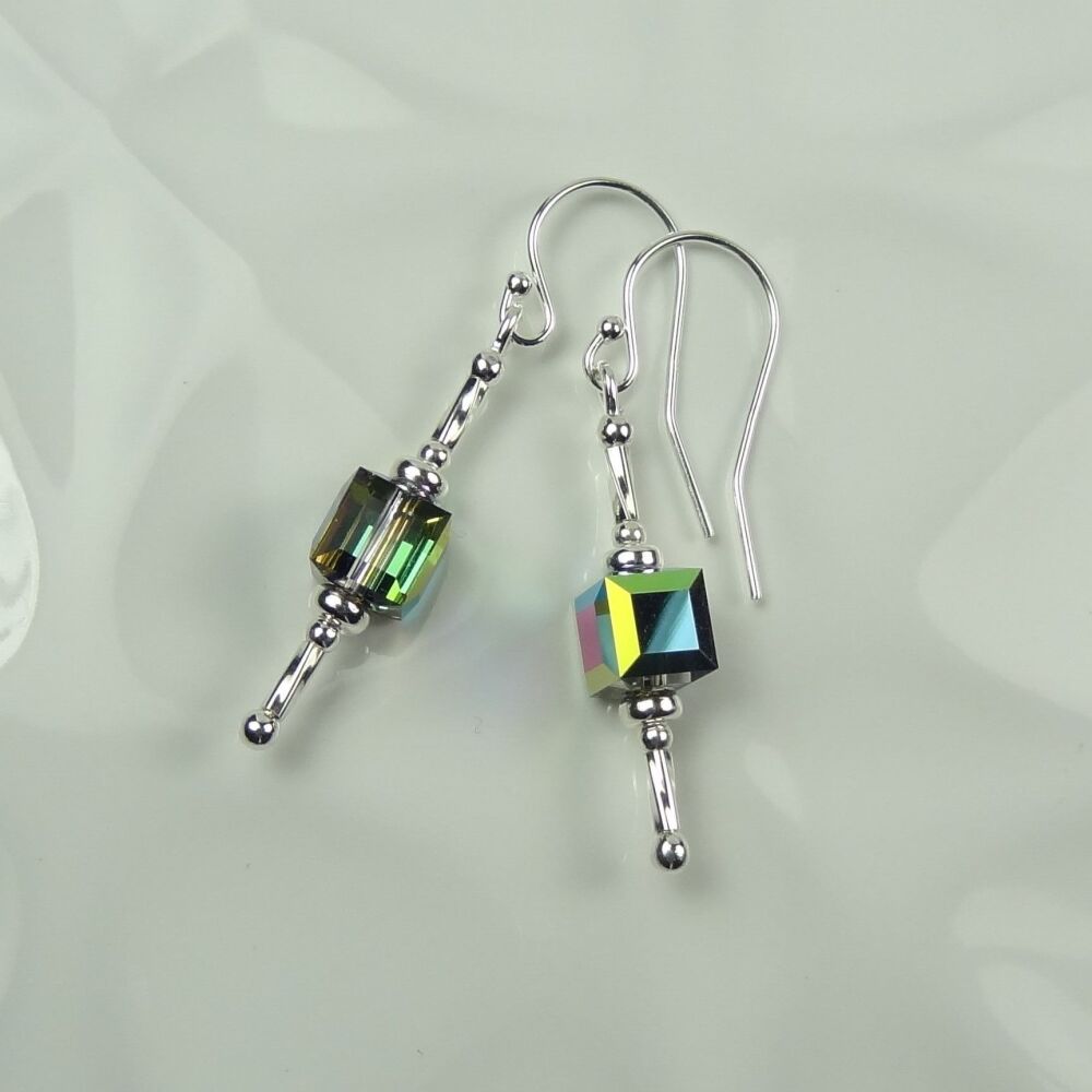 Sterling silver earrings made using 6mm vitrail Swarovski Elements faceted cube beads, on french wires, in a gift box (#264)