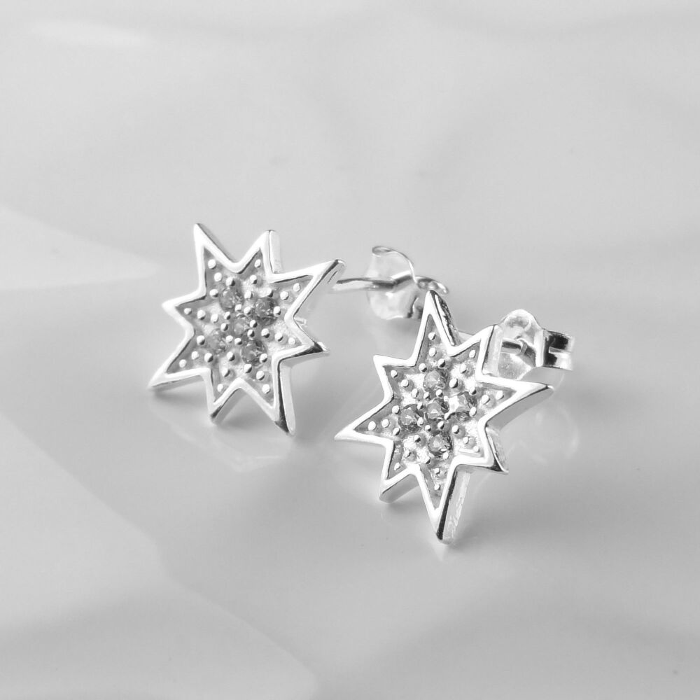 13mm celestial star sterling silver with tiny Cubic Zirconia stones set within stud/post earrings, in a gift box