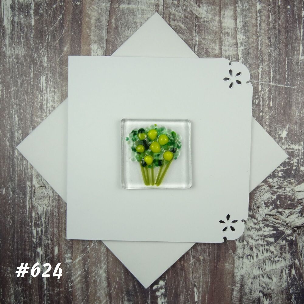 Handmade fused glass art greeting card, any occasion ~ yellow flowers, floral, bouquet ~ 4x4 inch card, 1.5 inch (+/-) glass  (#624)