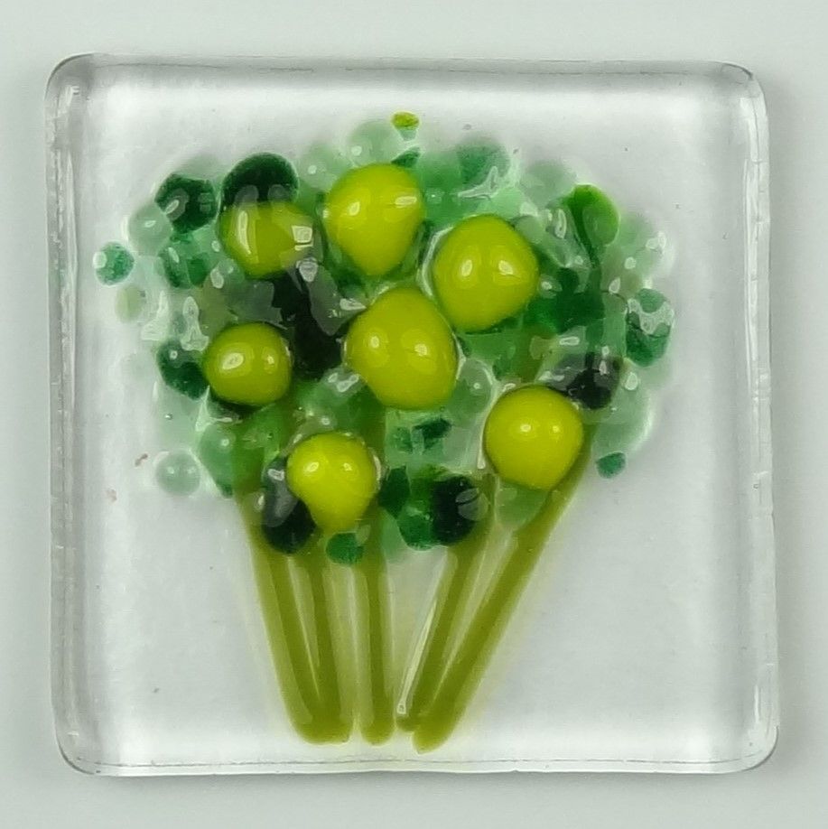 Handmade fused glass art greeting card, any occasion ~ yellow flowers, floral, bouquet ~ 4x4 inch card, 1.5 inch (+/-) glass  (#624)