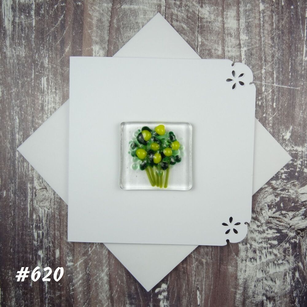 Handmade fused glass art greeting card, any occasion ~ yellow flowers, floral, bouquet ~ 4x4 inch card, 1.5 inch (+/-) glass  (#620)