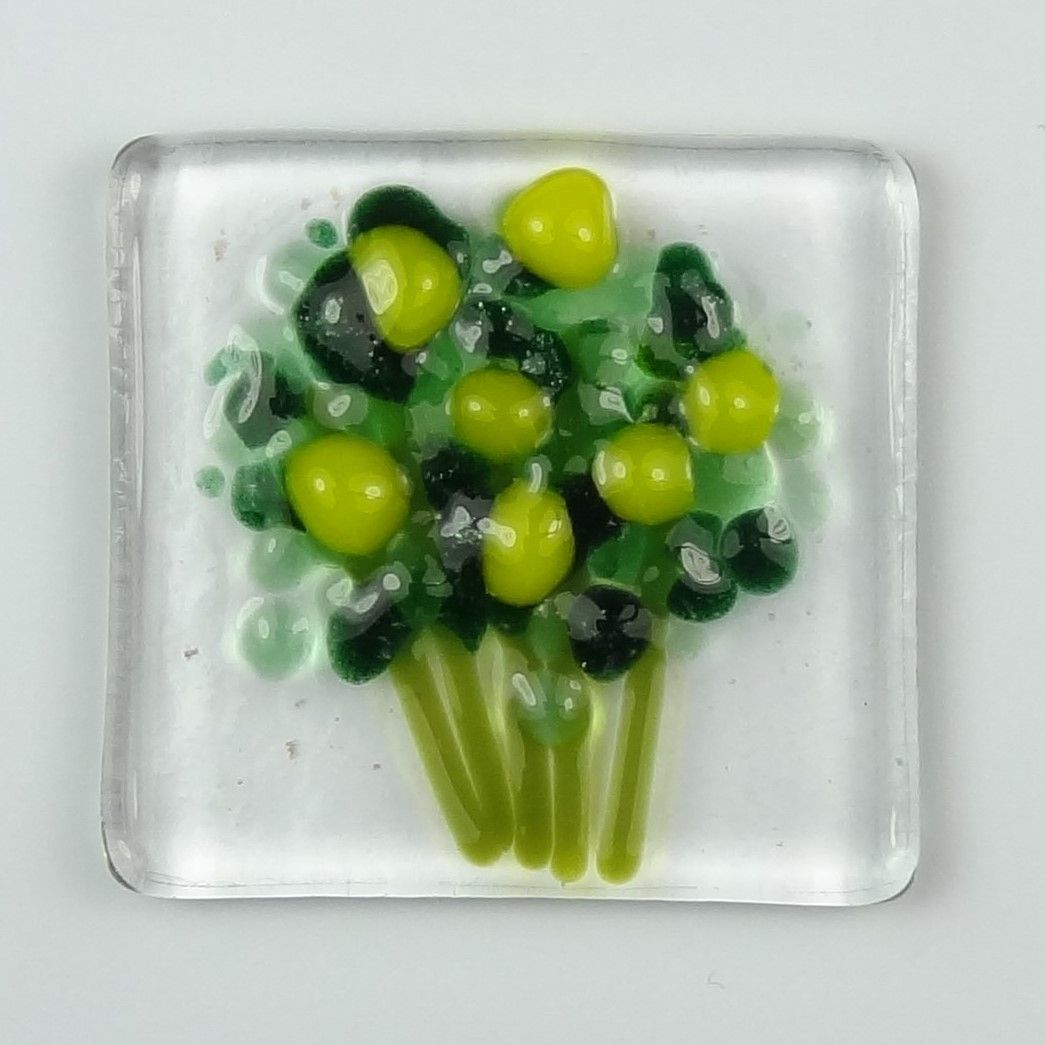 Handmade fused glass art greeting card, any occasion ~ yellow flowers, floral, bouquet ~ 4x4 inch card, 1.5 inch (+/-) glass  (#620)