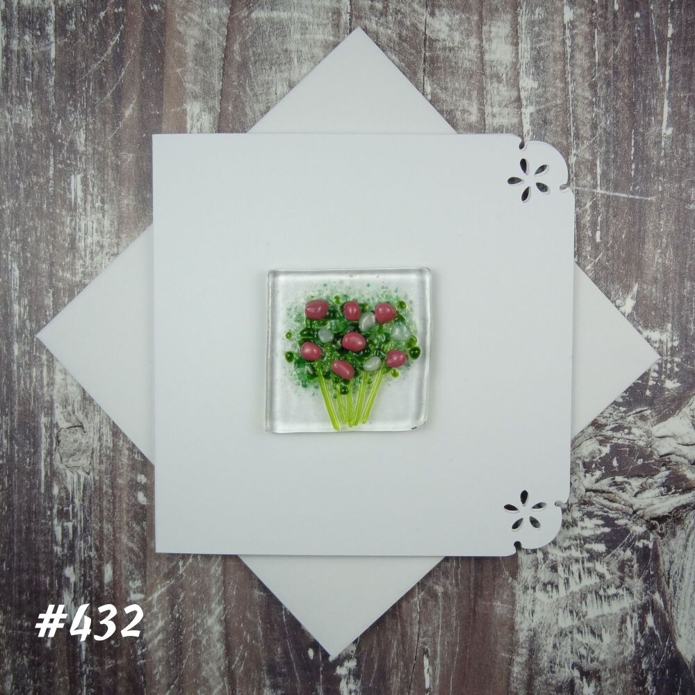 Handmade fused glass art greeting card, any occasion ~ pink & white flowers, floral, bouquet ~ 4x4 inch card, 1.5 inch (+/-) glass (#432)